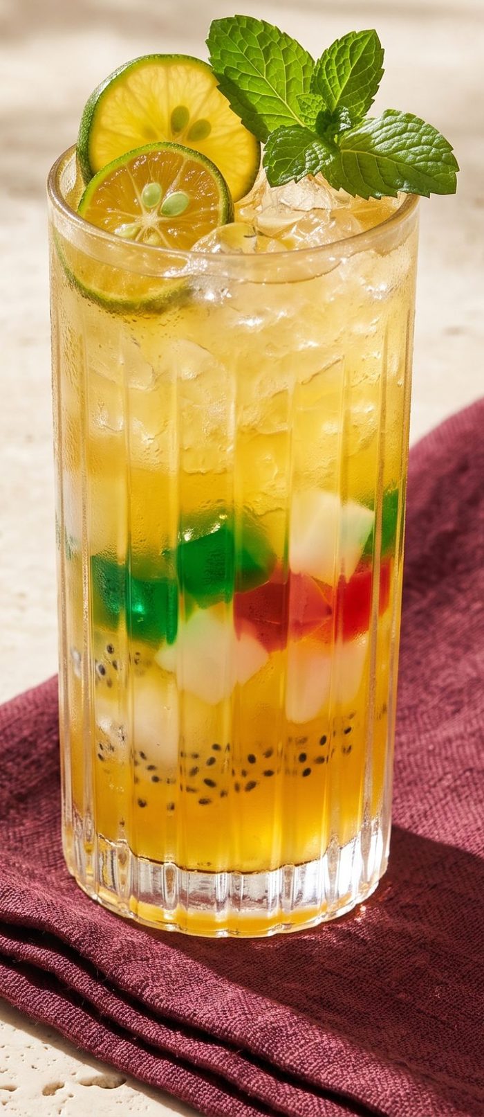 Tall glass of Air Limau Jelly with lime slices, mint and colourful jelly cubes