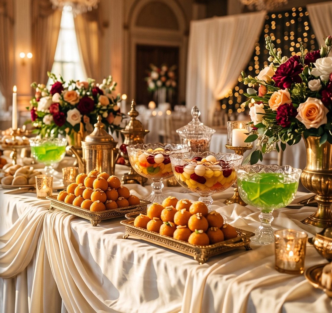 Ballroom dessert table with trays of laddoo, fruit punch bowls and floral arrangements
