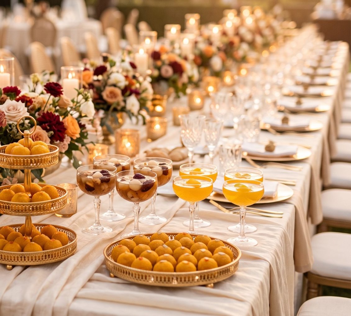 Long banquet table with laddoo trays, Lai Chee Kang and orange drinks