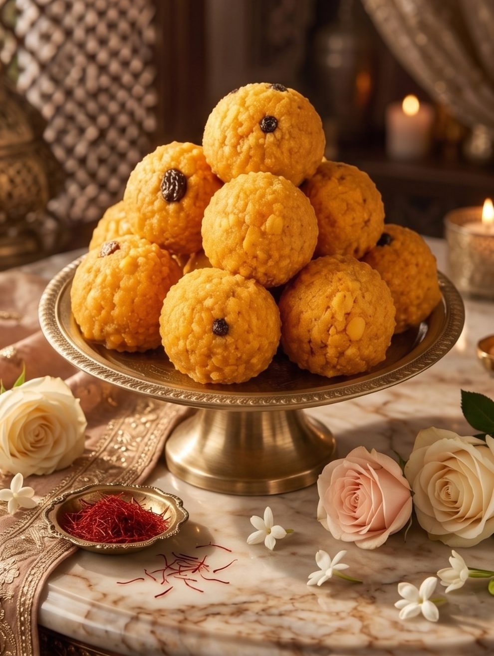 Laddoo piled on a brass stand, surrounded by roses, jasmine and saffron