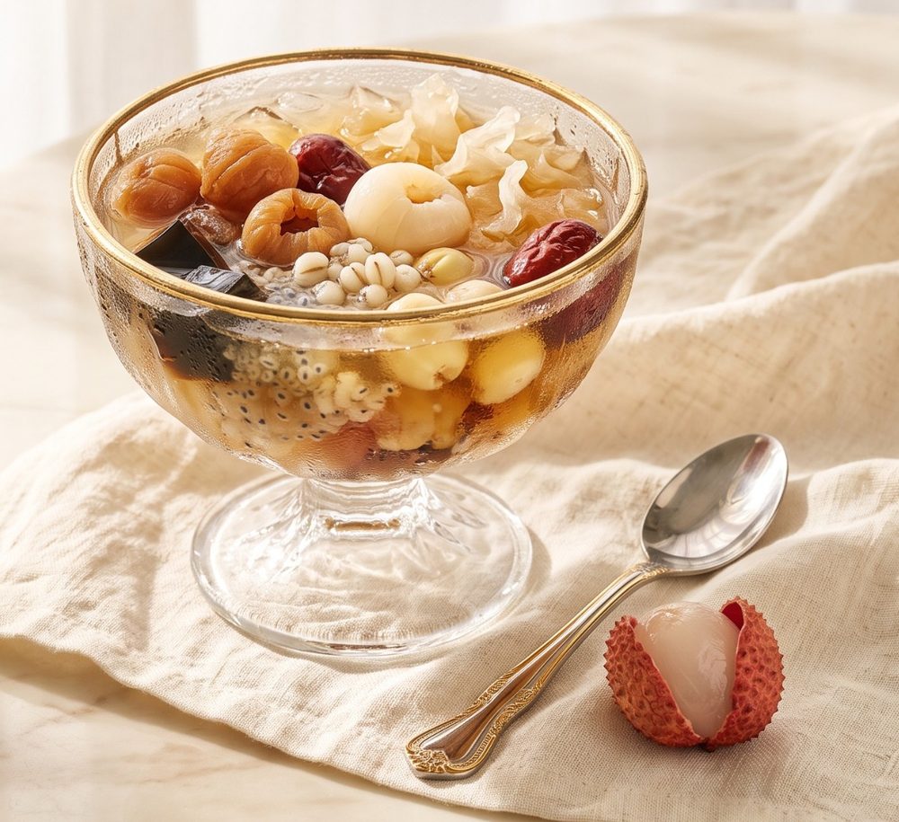 Lai Chee Kang in a gold-rimmed glass bowl with lychee, longan, red dates and white fungus
