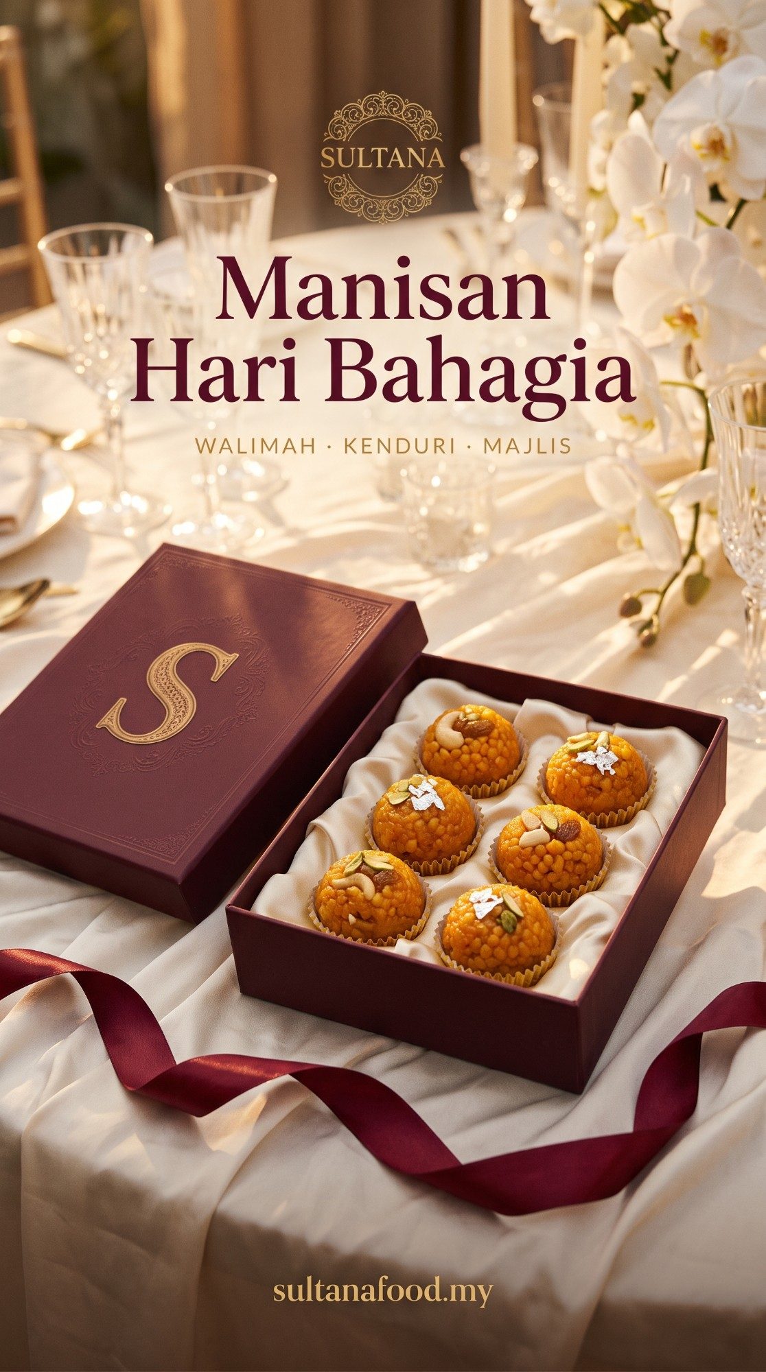 Poster: Manisan Hari Bahagia, Sultana laddoo gift box for walimah, kenduri and majlis